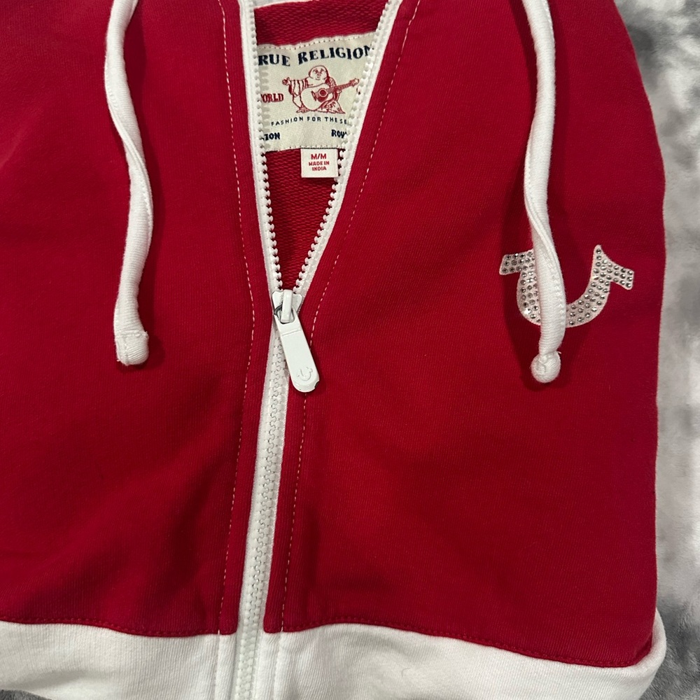 red and white true religion hoodie